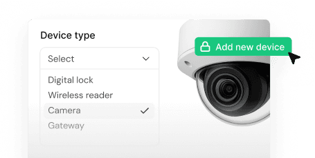 Device type selection dropdown showing Camera selected with dome camera image and Add new device button