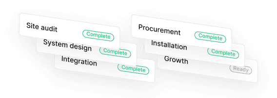 Project workflow cards showing completed phases including Site audit, System design, Integration, Procurement, Installation, and Growth ready status