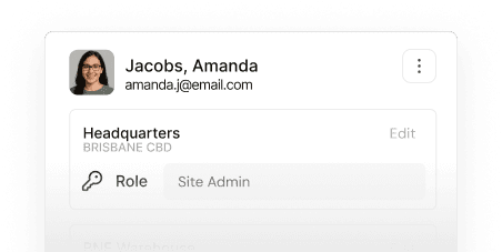 User profile card for Amanda Jacobs showing Site Admin role at Brisbane CBD headquarters