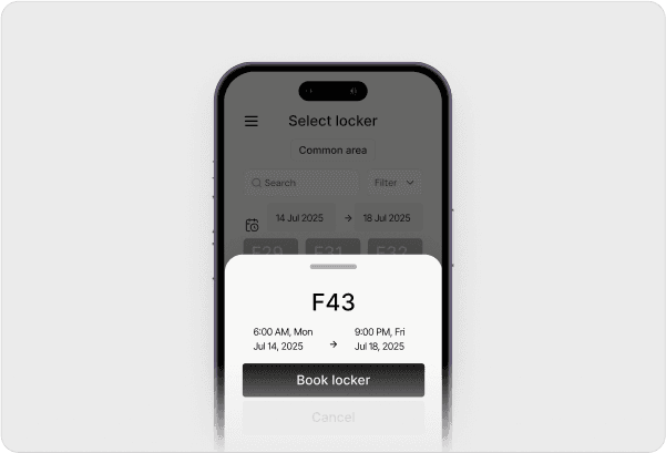 Phone showing detailed locker booking interface with F43 locker selection modal, booking times from 6:00 AM Mon Jul 14, 2025 to 9:00 PM Fri Jul 18, 2025, and Book locker button