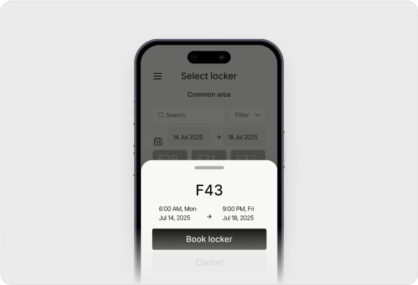 Phone showing detailed locker booking interface with F43 locker selection modal, booking times from 6:00 AM Mon Jul 14, 2025 to 9:00 PM Fri Jul 18, 2025, and Book locker button