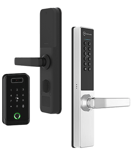 Comprehensive smart access hardware setup showing keypad locks, door handles, and partner brands including ButterflyMX, McGrathLocks, and tp-link