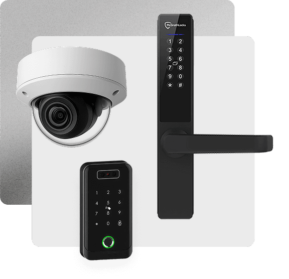 Security hardware including dome camera, smart door lock with keypad, and access control reader
