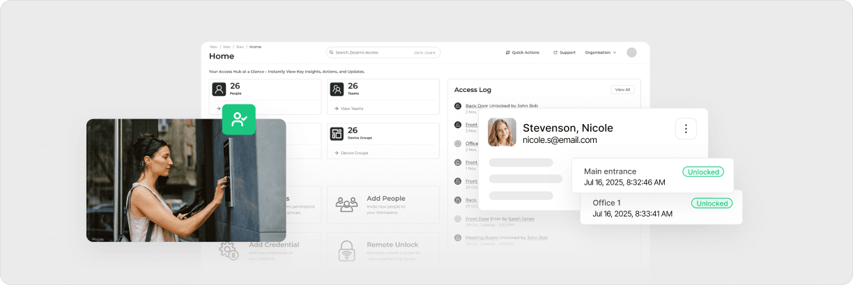 Real-time access control dashboard showing live activity feeds, door status monitoring, and user credential management interface with access logs and user profiles