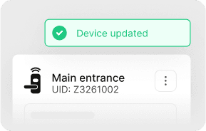 Device updated notification showing Main entrance with successful update confirmation