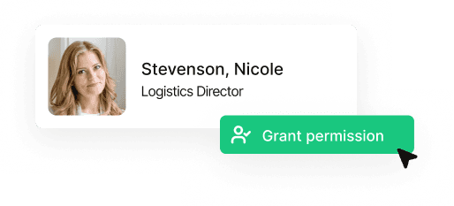 User profile for Stevenson, Nicole (Logistics Director) with Grant permission button for team-based access control