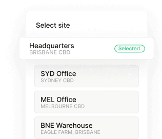 Site selection interface showing Headquarters (Brisbane CBD) as selected, with SYD Office, MEL Office, and BNE Warehouse options