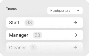 Teams management interface showing staff categories with user counts and access controls