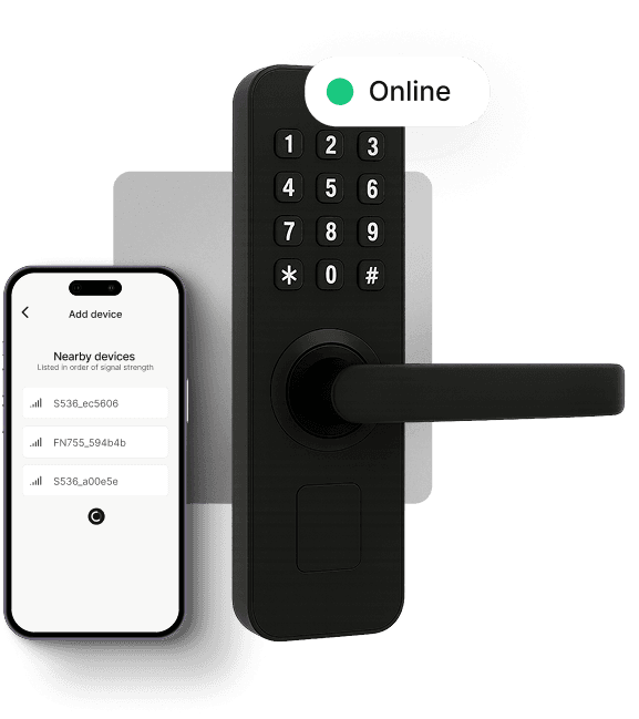 Smart lock with keypad and mobile phone showing lock interface with online status indicator