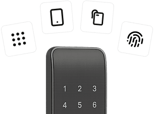Smart lock keypad with PIN, mobile, NFC card, and fingerprint unlock method icons