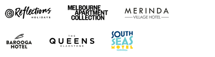 Hospitality partner logos including Reflections Holiday Parks, Melbourne Point Collection, Merinda Village Hotel, Barooga Hotel, Queens Apartments, and South Seas Resort