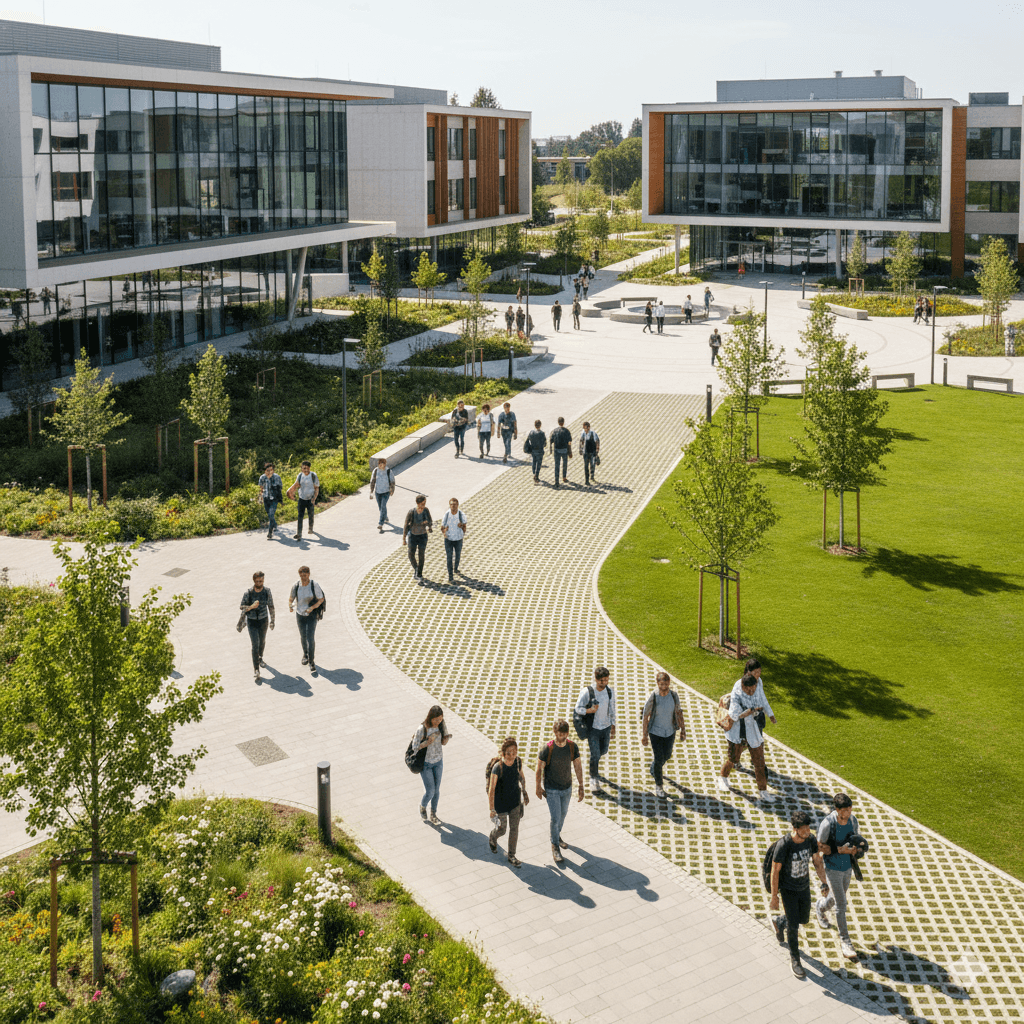 University campus with secure access control system for students, staff, and visitors
