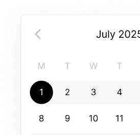 Calendar booking interface showing July 2025 with booking duration controls