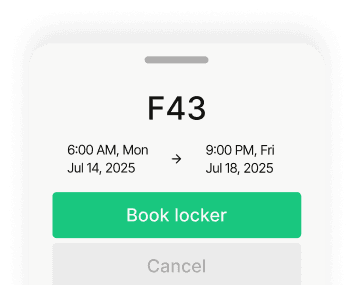 F43 locker booking interface showing 6:00 AM Mon Jul 14, 2025 to 9:00 PM Fri Jul 18, 2025 with Book locker button