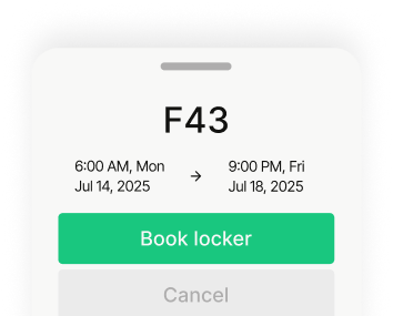 F43 locker booking interface showing 6:00 AM Mon Jul 14, 2025 to 9:00 PM Fri Jul 18, 2025 with Book locker button