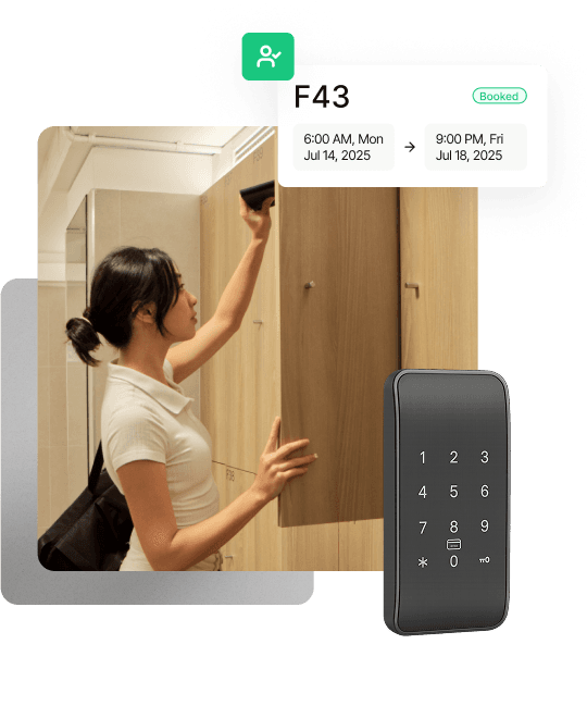 Woman accessing a locker with F43 booking interface and digital keypad showing seamless locker access