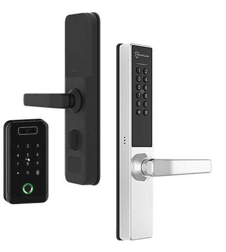 Comprehensive smart access hardware setup showing keypad locks, door handles, and partner brands including ButterflyMX, McGrathLocks, and tp-link
