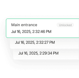 Lock event log showing Main entrance access timestamps with unlocked status