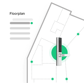 Floorplan view showing smart lock device locations with health status indicators