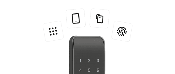 Smart lock keypad with PIN, mobile, NFC card, and fingerprint unlock method icons