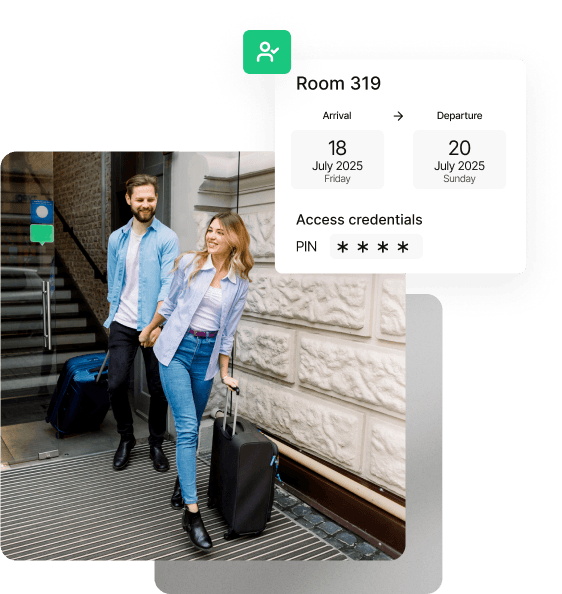 Couple with luggage using mobile room access showing Room 319 booking interface with PIN credentials