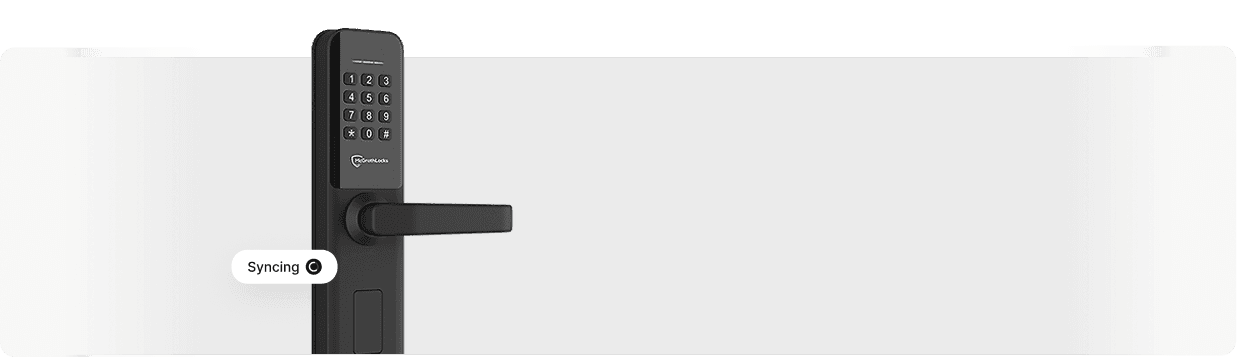 OpenLock smart hotel lock with keypad showing syncing capability