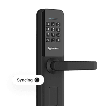 OpenLock smart hotel lock with keypad showing syncing capability