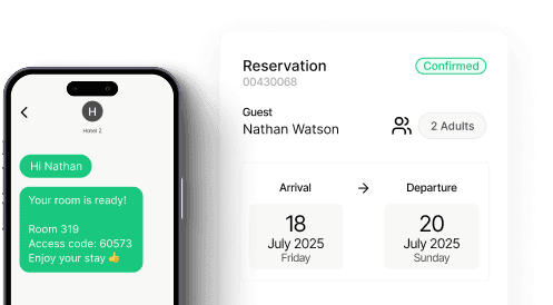 Mobile interface showing room ready notification and reservation details for Nathan Watson