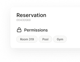 Reservation permissions interface showing access to Room 319, Pool, and Gym