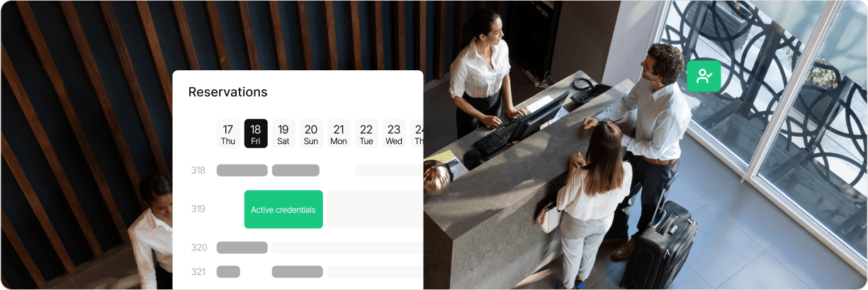 Hotel reception scene with staff and guests alongside reservations dashboard showing active credentials for Room 319