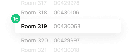 Room listing interface showing rooms 317-321 with Room 319 highlighted