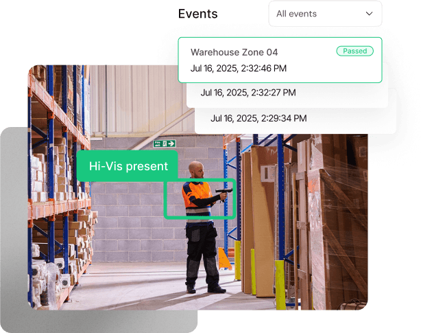 AI vision monitoring interface showing warehouse worker with Hi-Vis detection and events tracking panel
