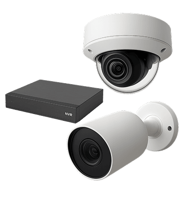 Professional security camera equipment including dome cameras, bullet cameras, and NVR system
