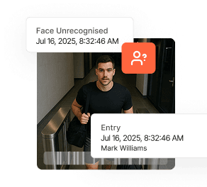 Face recognition interface showing unrecognised face alert and entry notification for Mark Williams at 8:32 AM