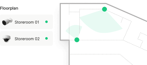 Floorplan interface showing camera positions for Storeroom 01 and Storeroom 02