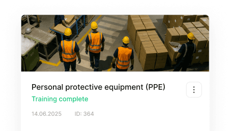 PPE compliance interface showing Personal protective equipment training complete status