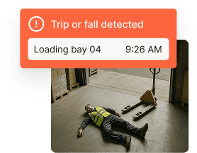 Trip or fall detection alert showing incident in loading bay 04 at 9:26 AM with worker on ground
