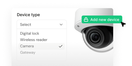 Device type selection interface showing camera selection with add new device functionality
