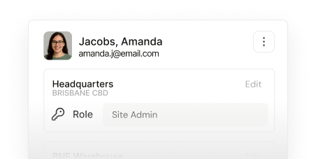 User profile interface showing Amanda Jacobs with site admin role and headquarters location