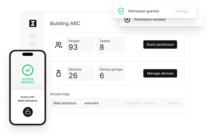 Zezamii access control system showing mobile app with access granted notification and desktop dashboard with building management, permissions, and device controls