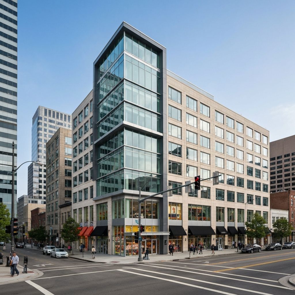 Mixed-use commercial development with office buildings, retail spaces, and integrated access control