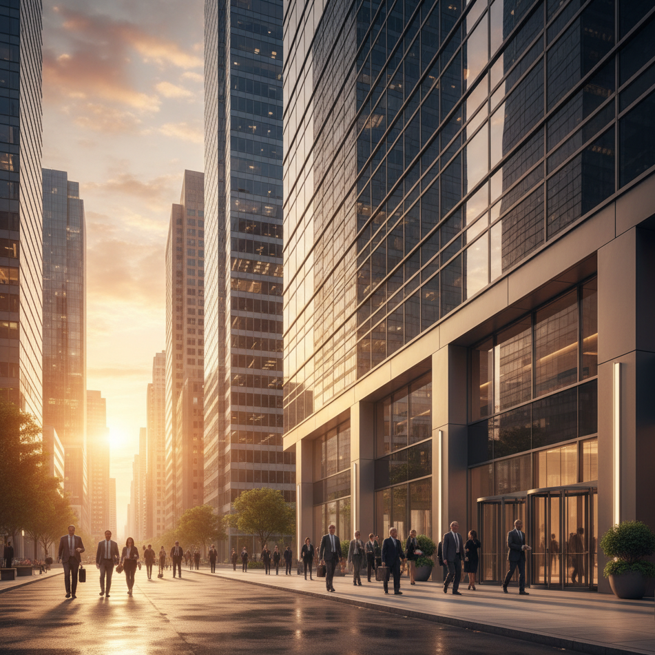 Modern commercial real estate building with automated access control system for multi-tenant management