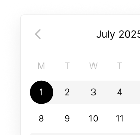 Calendar booking interface showing July 2025 with booking duration controls