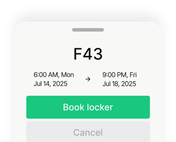 F43 locker booking interface showing 6:00 AM Mon Jul 14, 2025 to 9:00 PM Fri Jul 18, 2025 with Book locker button