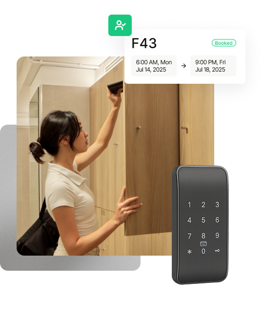 Woman accessing a locker with F43 booking interface and digital keypad showing seamless locker access