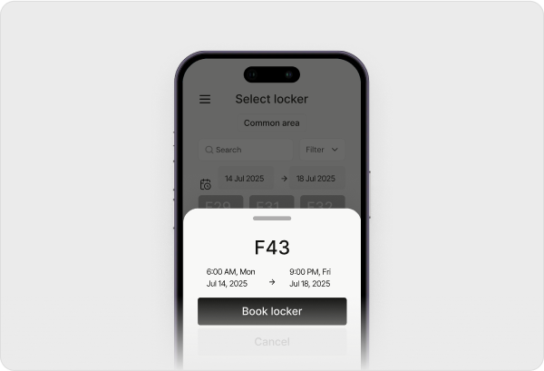 Phone showing detailed locker booking interface with F43 locker selection modal, booking times from 6:00 AM Mon Jul 14, 2025 to 9:00 PM Fri Jul 18, 2025, and Book locker button