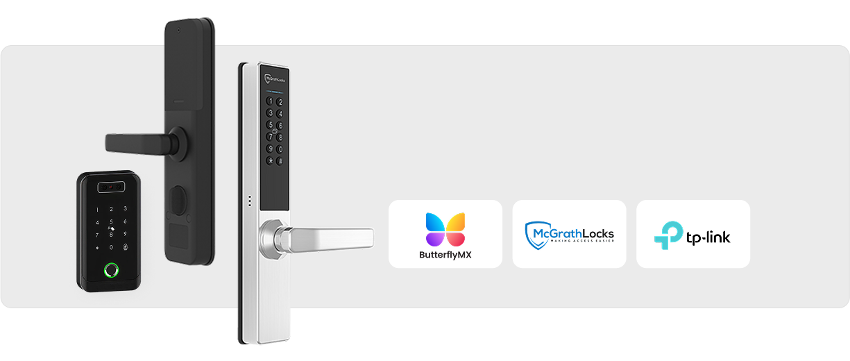 Comprehensive smart lock hardware setup showing keypad locks, door handles, and partner brands including ButterflyMX, McGrathLocks, and tp-link