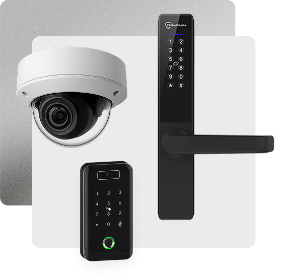 Security hardware including dome camera, smart door lock with keypad, and access control reader