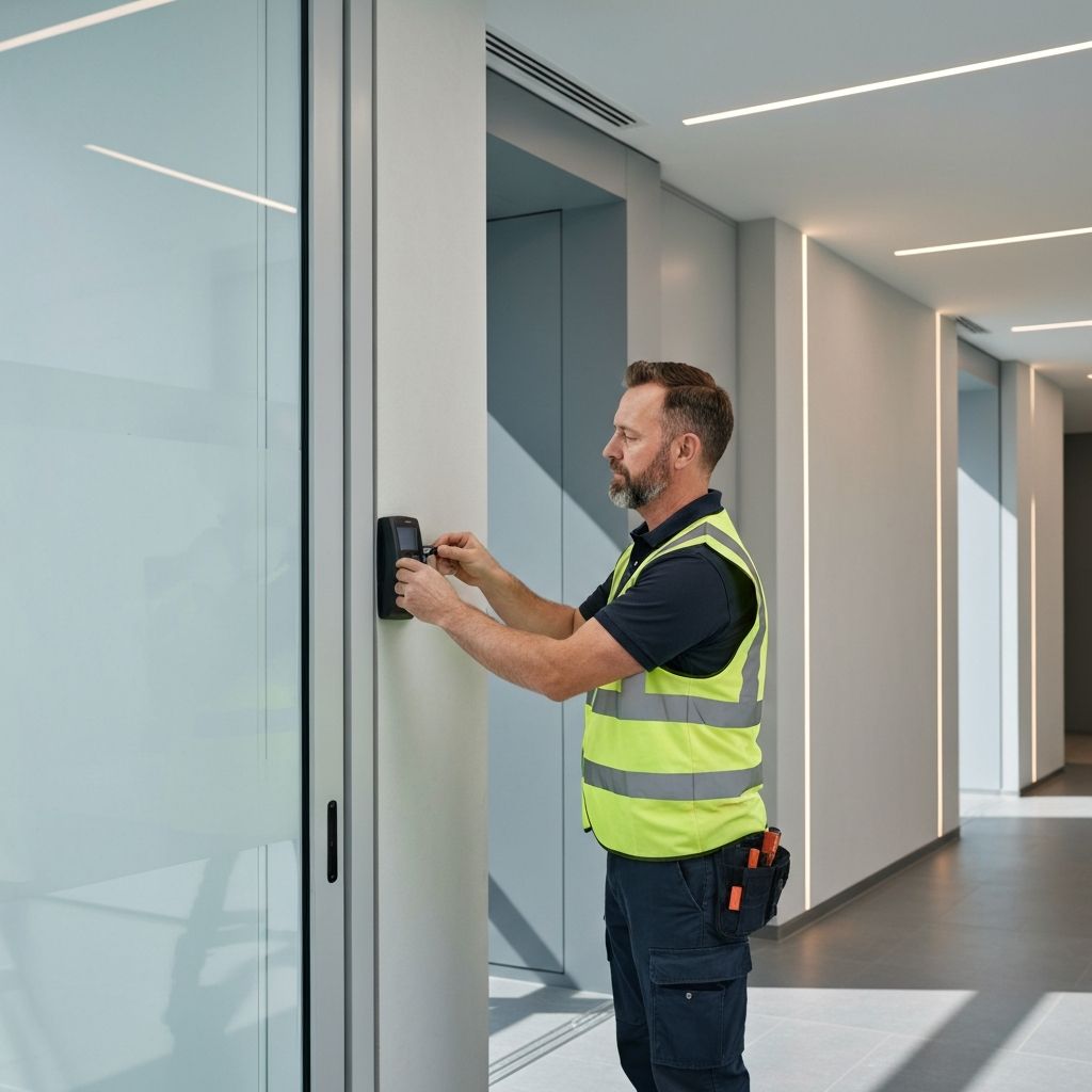Security technician in high-visibility vest installing wall-mounted access control reader