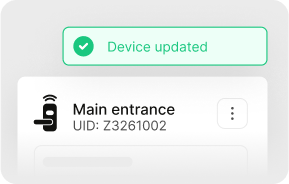 Device updated notification showing Main entrance with successful update confirmation